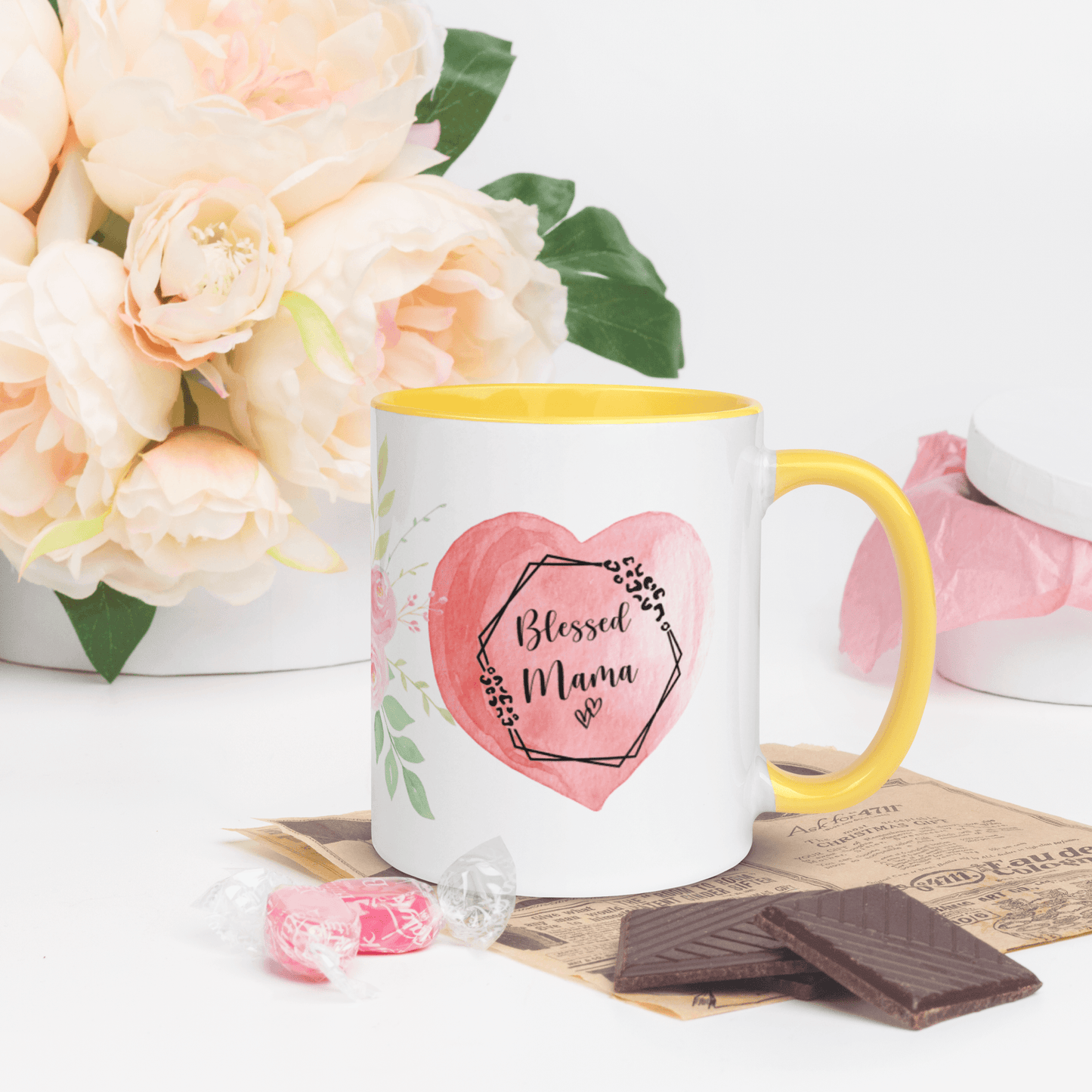 Blessed Mama ❤️ Ceramic Mug with Color Accent (Available in Various Colors!) - The Grateful Hearts