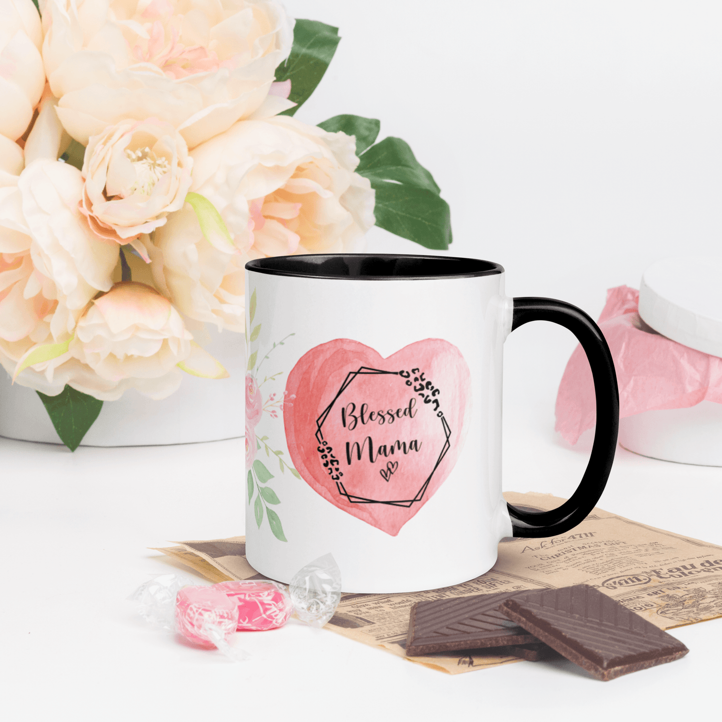 Blessed Mama ❤️ Ceramic Mug with Color Accent (Available in Various Colors!) - The Grateful Hearts