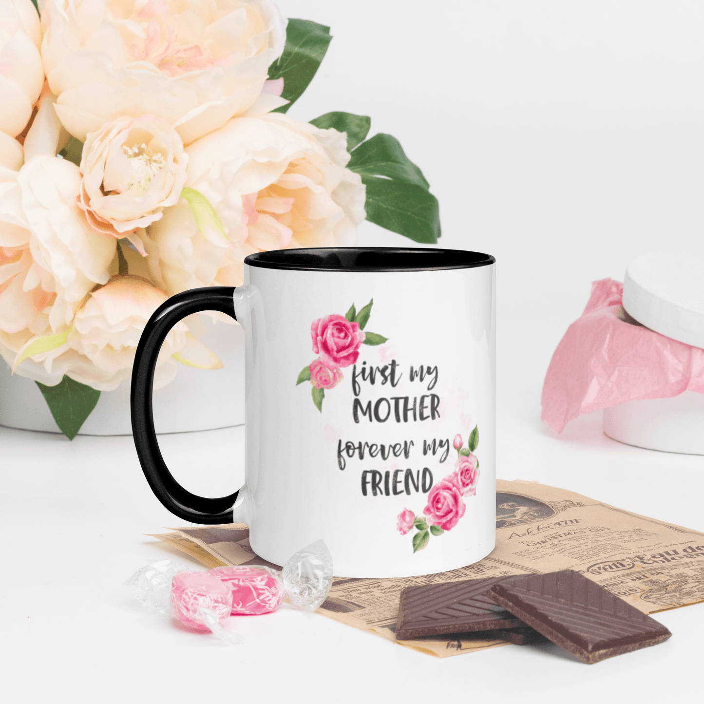 First my Mother, Forever My Friend ❤️ Ceramic Mug with Color Accent (Available in Various Colors!) - The Grateful Hearts