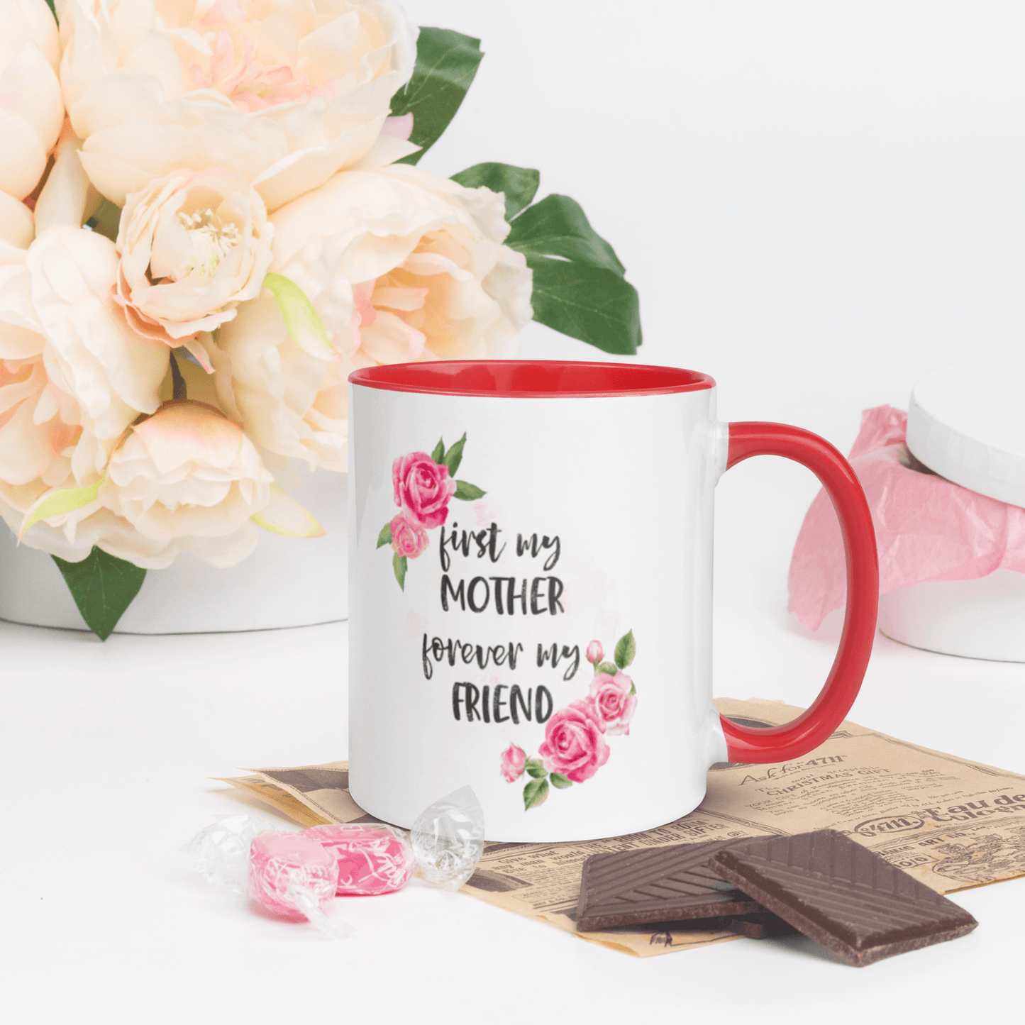 First my Mother, Forever My Friend ❤️ Ceramic Mug with Color Accent (Available in Various Colors!) - The Grateful Hearts