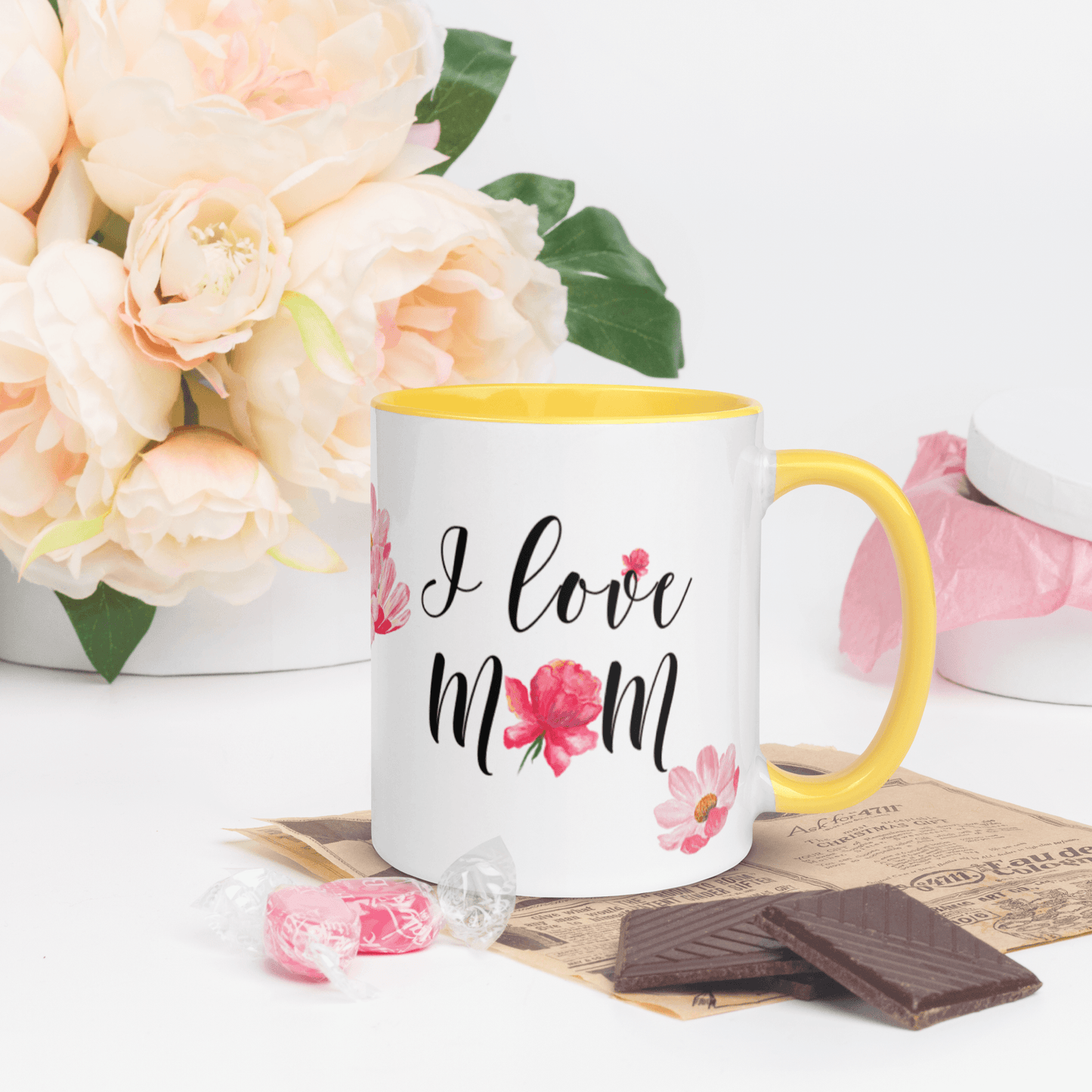 I Love Mom ❤️ Ceramic Mug with Color Accent (Available in Various Colors!) - The Grateful Hearts