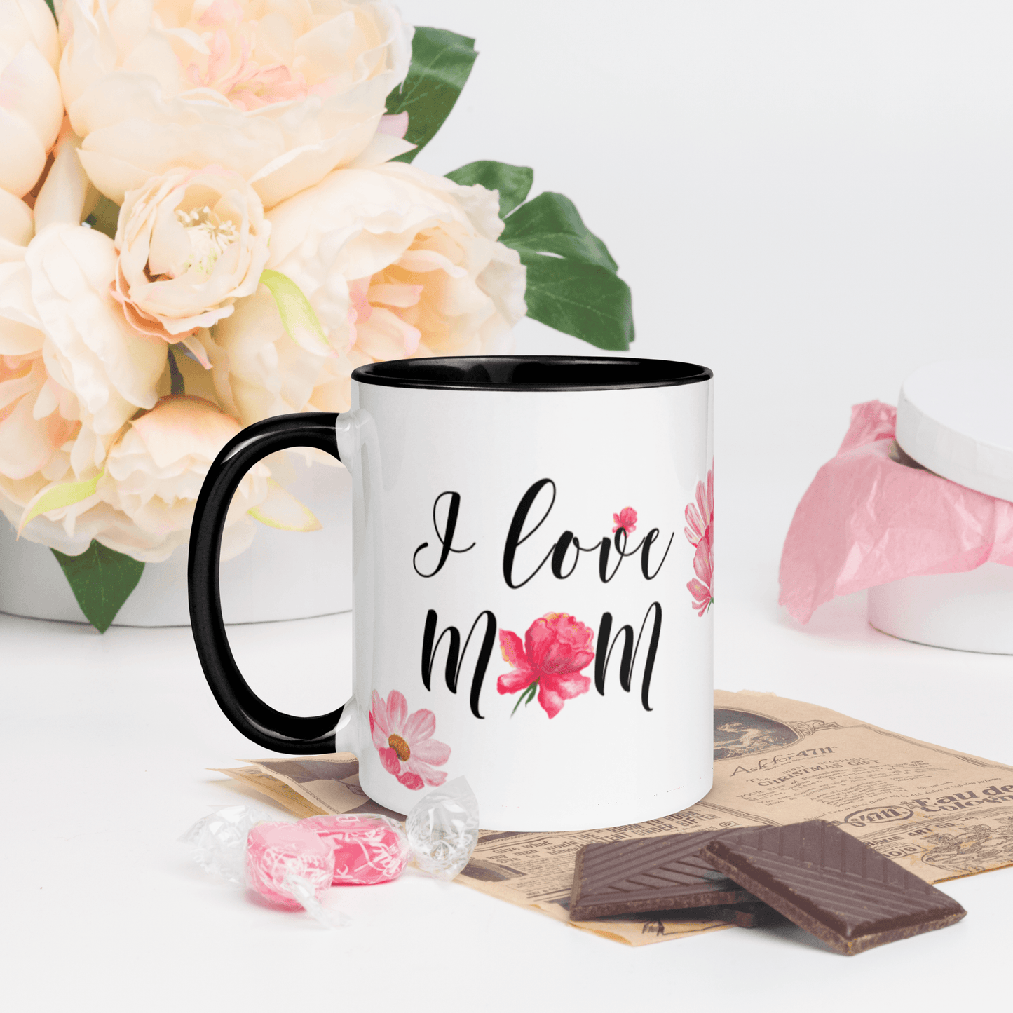 I Love Mom ❤️ Ceramic Mug with Color Accent (Available in Various Colors!) - The Grateful Hearts