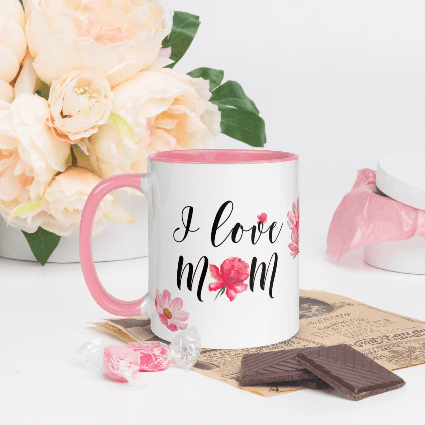 I Love Mom ❤️ Ceramic Mug with Color Accent (Available in Various Colors!) - The Grateful Hearts