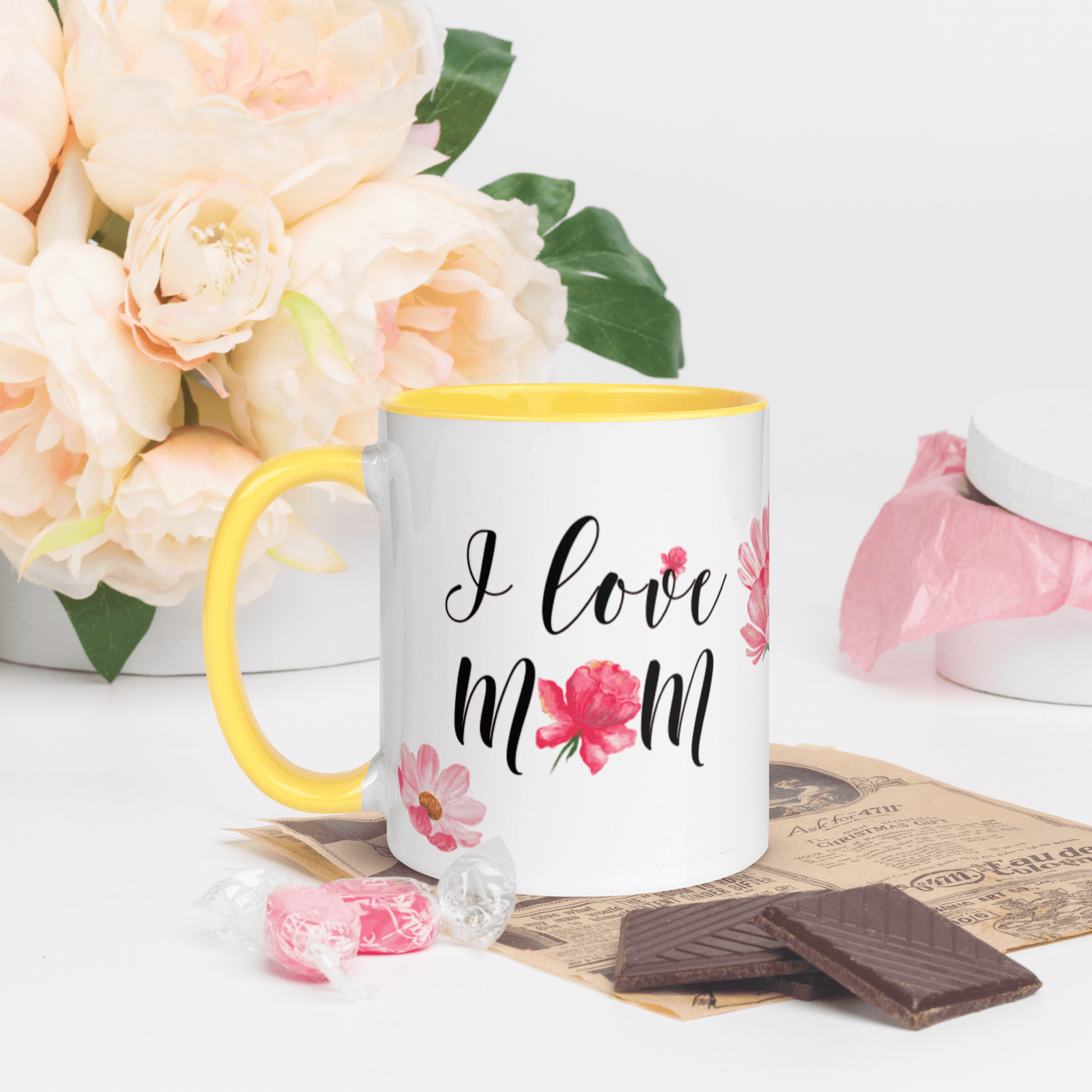I Love Mom ❤️ Ceramic Mug with Color Accent (Available in Various Colors!) - The Grateful Hearts