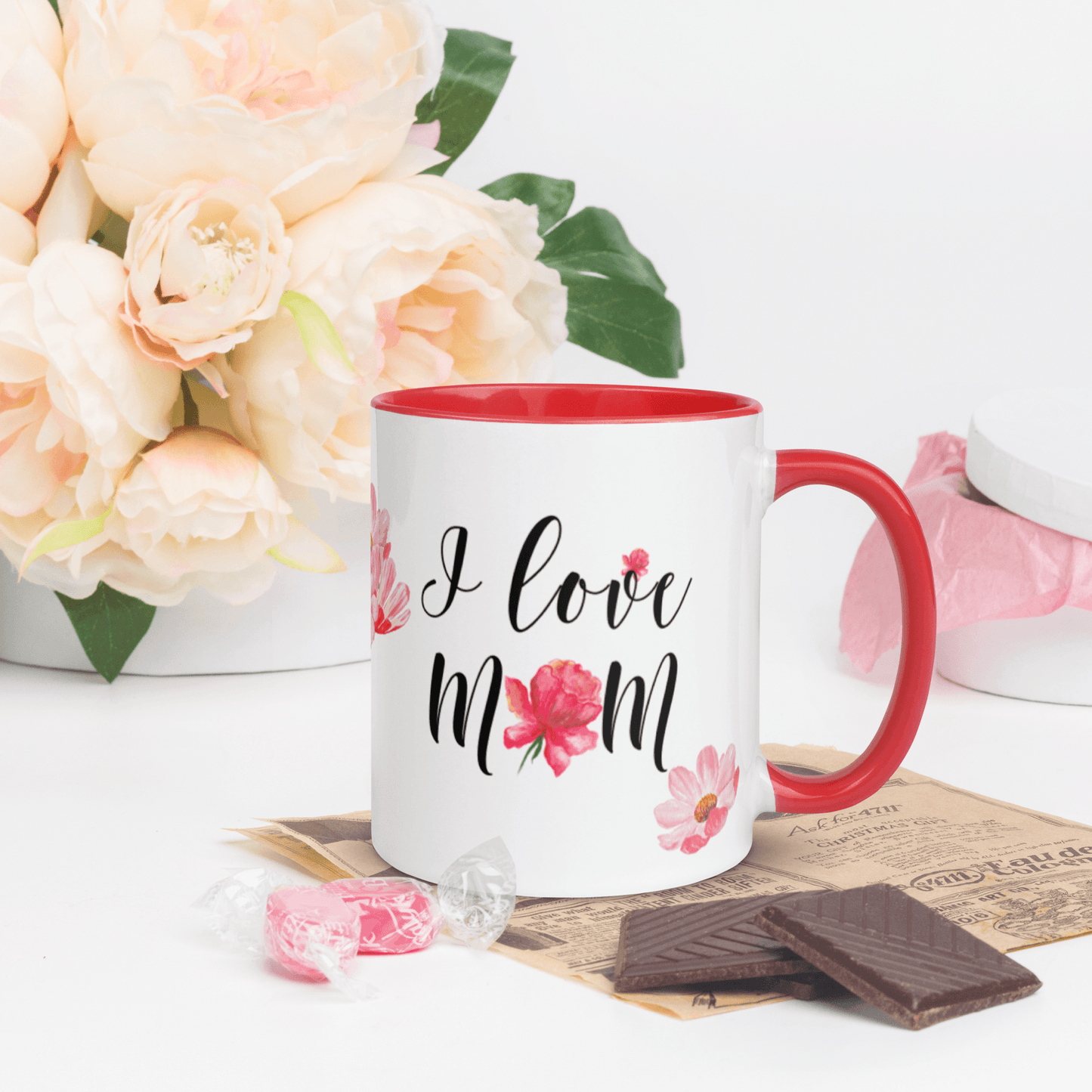 I Love Mom ❤️ Ceramic Mug with Color Accent (Available in Various Colors!) - The Grateful Hearts