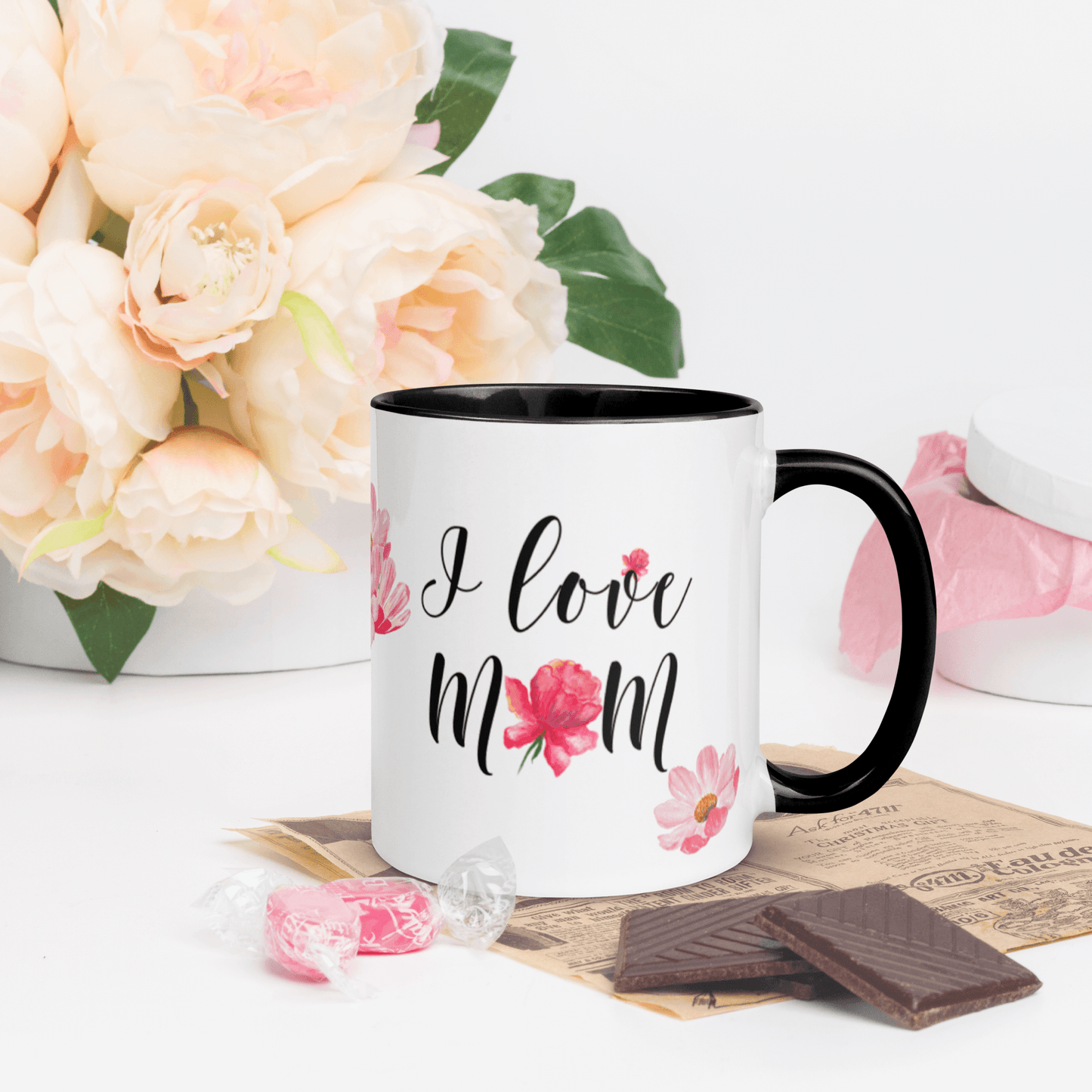 I Love Mom ❤️ Ceramic Mug with Color Accent (Available in Various Colors!) - The Grateful Hearts