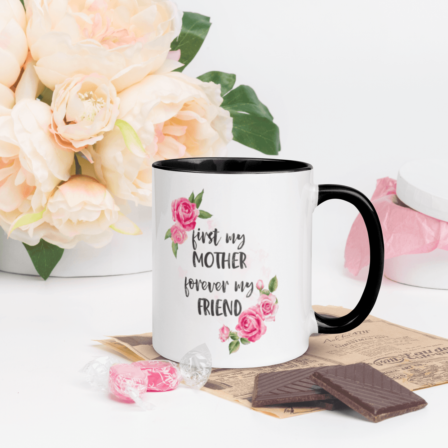 First my Mother, Forever My Friend ❤️ Ceramic Mug with Color Accent (Available in Various Colors!) - The Grateful Hearts