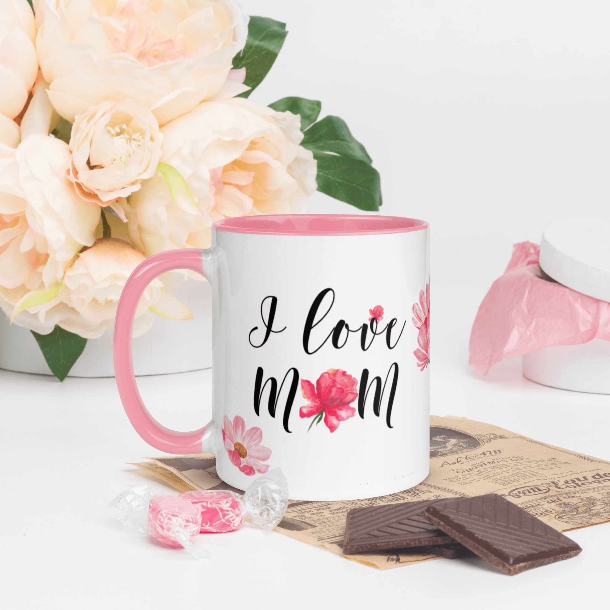 I Love Mom ❤️ Ceramic Mug with Color Accent (Available in Various Colors!) - The Grateful Hearts